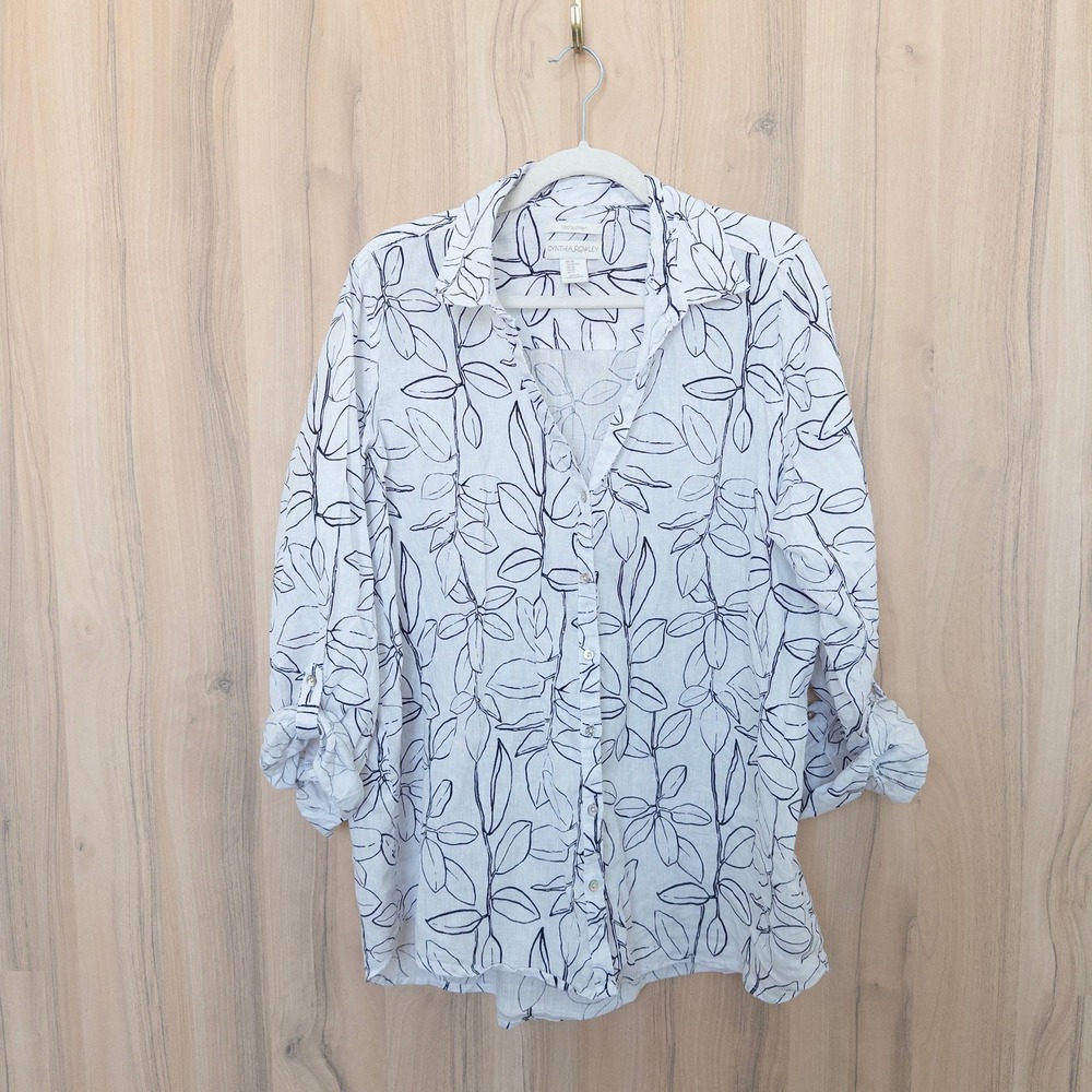 Cynthia Rowley Womens Linen Button Down Shirt XL White Leaf Print Boho Coastal‎